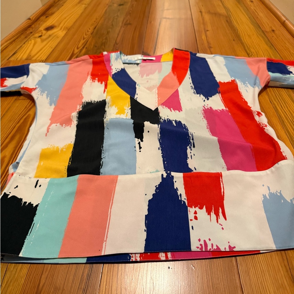 CROSBY by Mollie Burch Black and Pink Blouse with Abstract Pattern